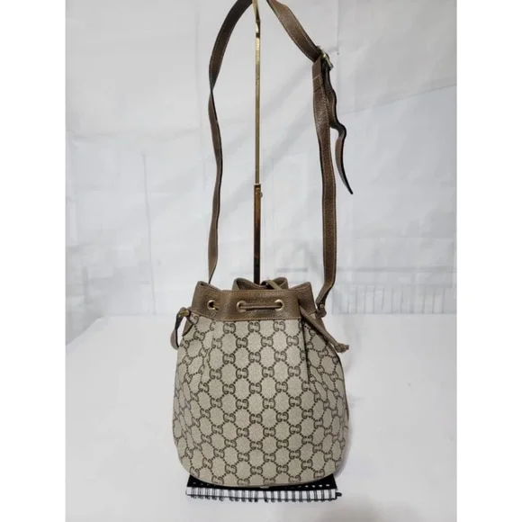 Authentic GUCCI Vintage GG Plus Shoulder Cross Drawstring Bag Beige/Brown - Picture 3 of 16